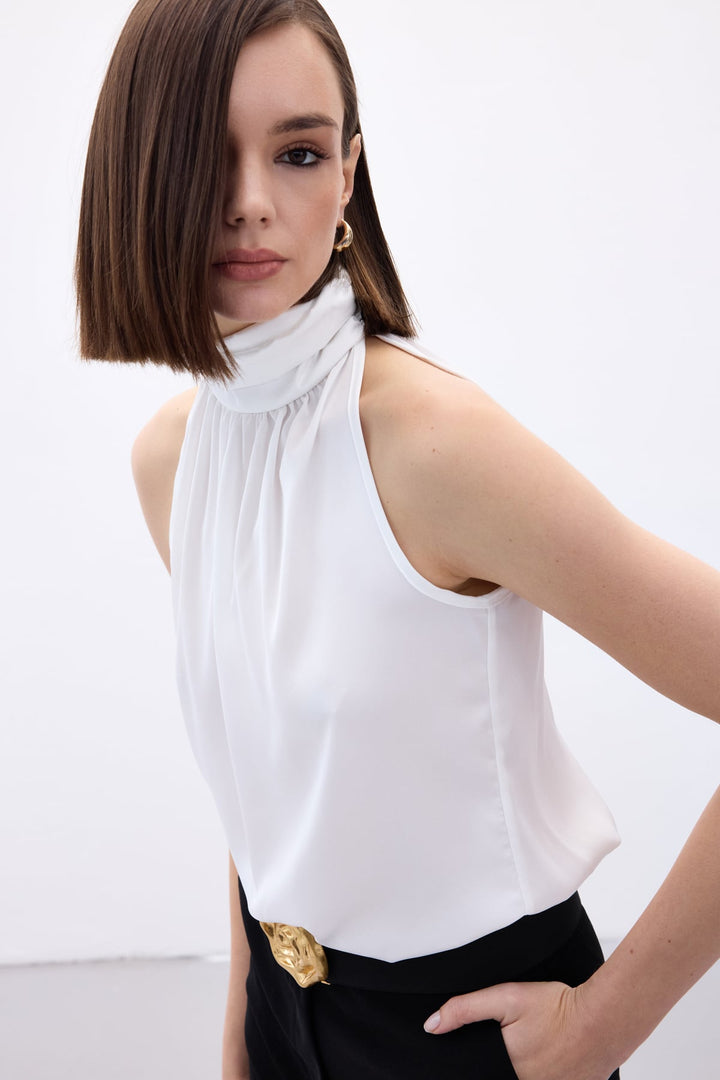 Sateen Blouse Sans Manches à Col Montant - Écru