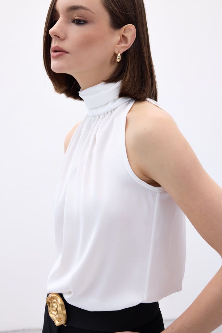 Sateen Blouse Sans Manches à Col Montant - Écru