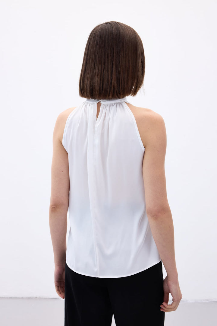 Sateen Blouse Sans Manches à Col Montant - Écru