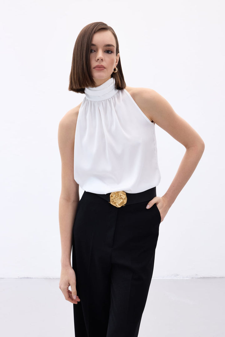 Sateen Blouse Sans Manches à Col Montant - Écru