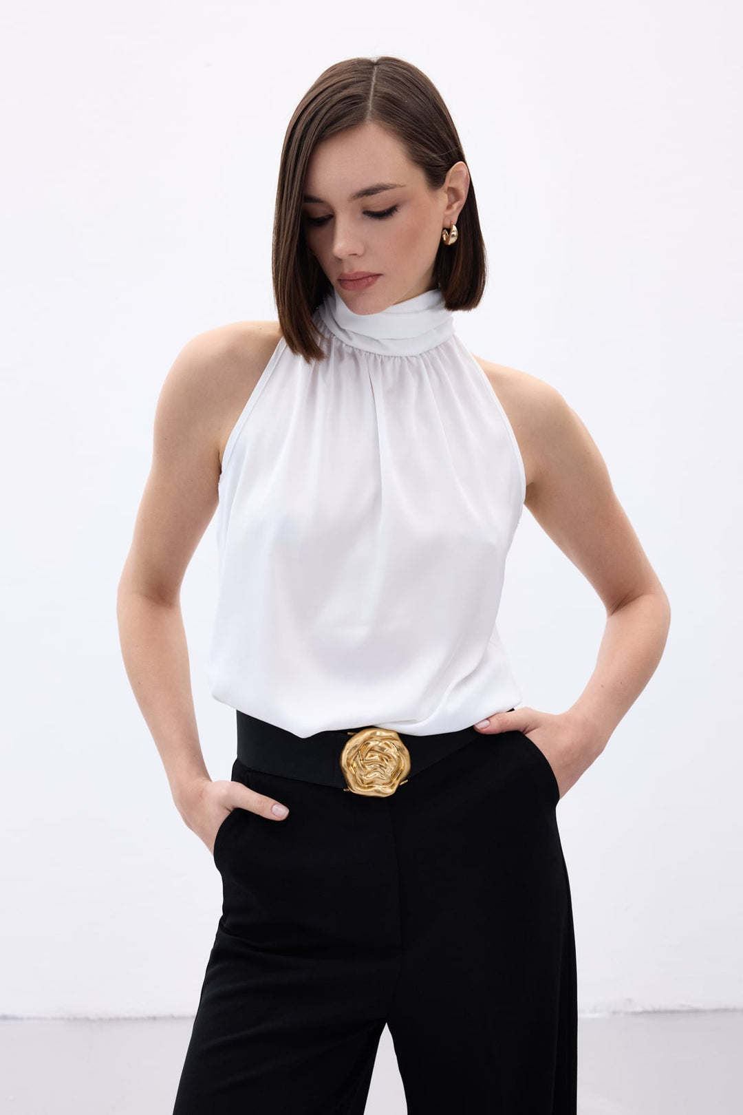 Sateen Blouse Sans Manches à Col Montant - Écru