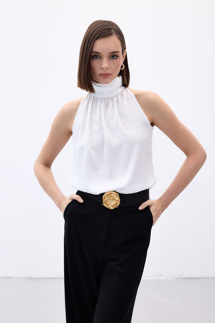 Sateen Blouse Sans Manches à Col Montant - Écru