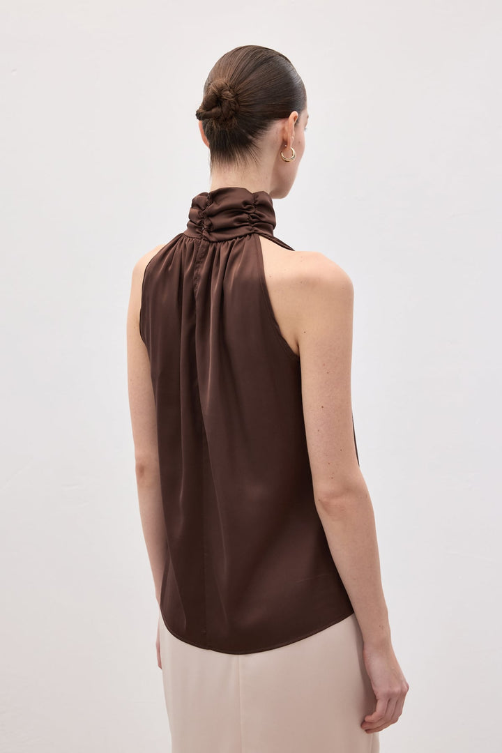 Sateen Blouse sans manches à col montant - Marron