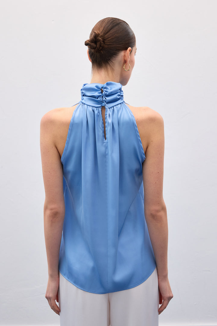 Sateen Blouse sans manches à col montant - Bleu