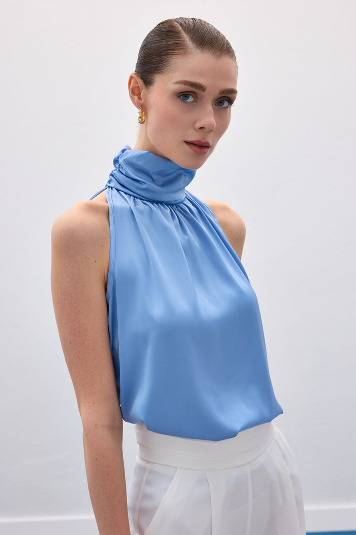 Sateen Blouse sans manches à col montant - Bleu