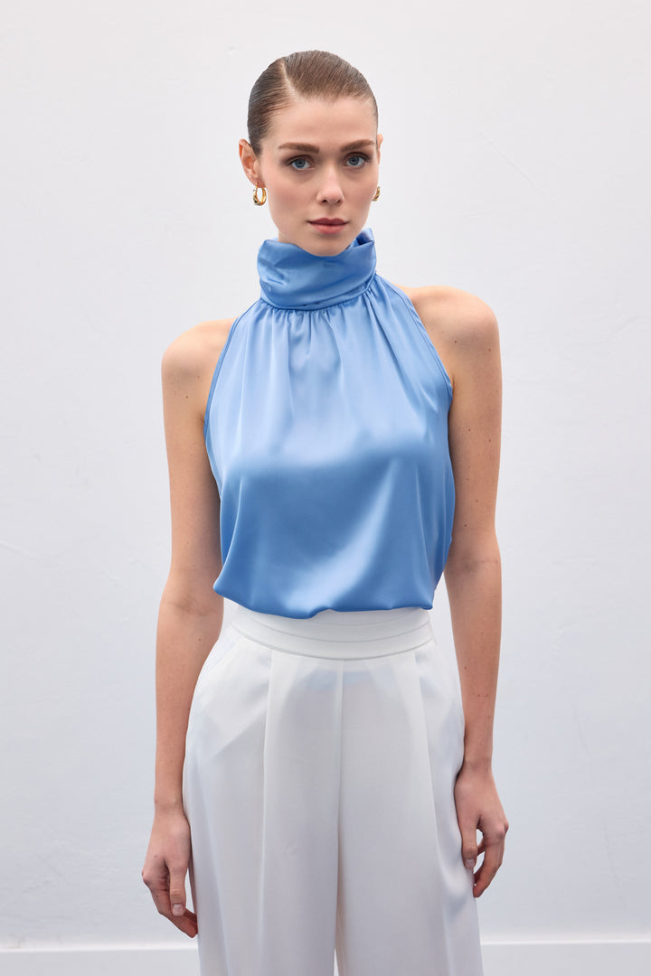 Sateen Blouse sans manches à col montant - Bleu