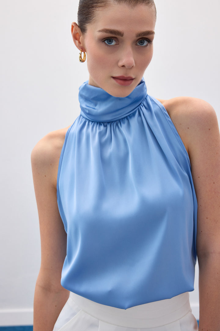 Sateen Blouse sans manches à col montant - Bleu