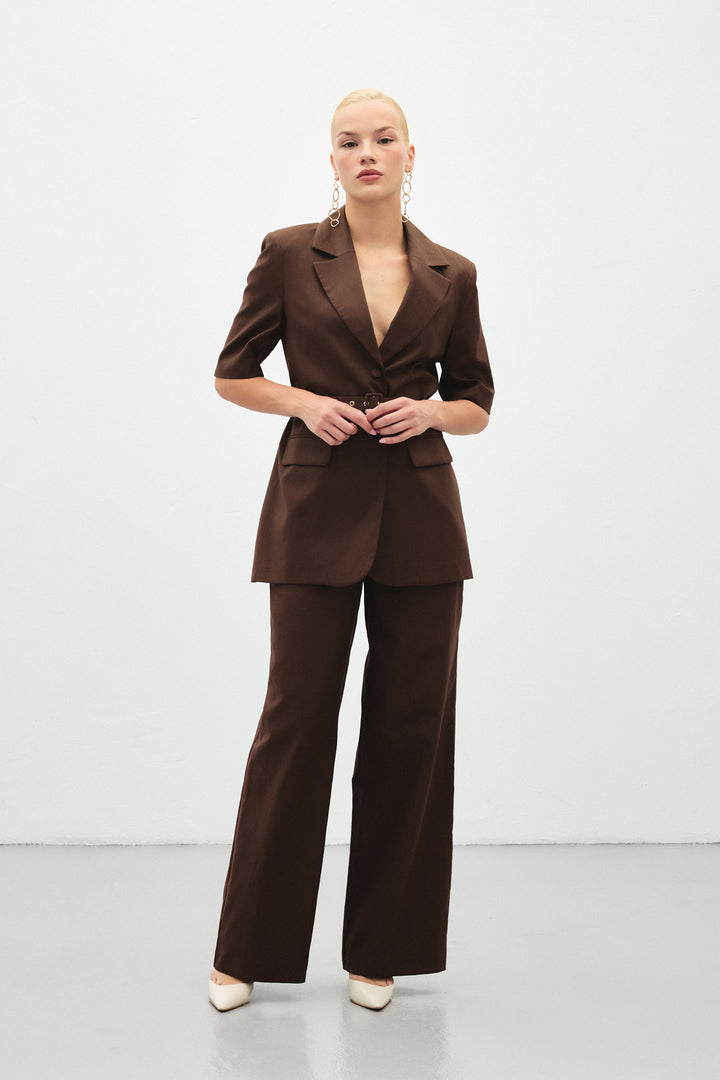 Sateen Pantalon en Lin Large - Marron