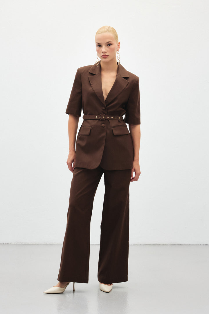 Sateen Pantalon en Lin Large - Marron