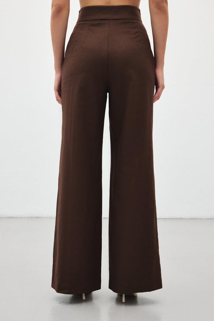 Sateen Pantalon en Lin Large - Marron