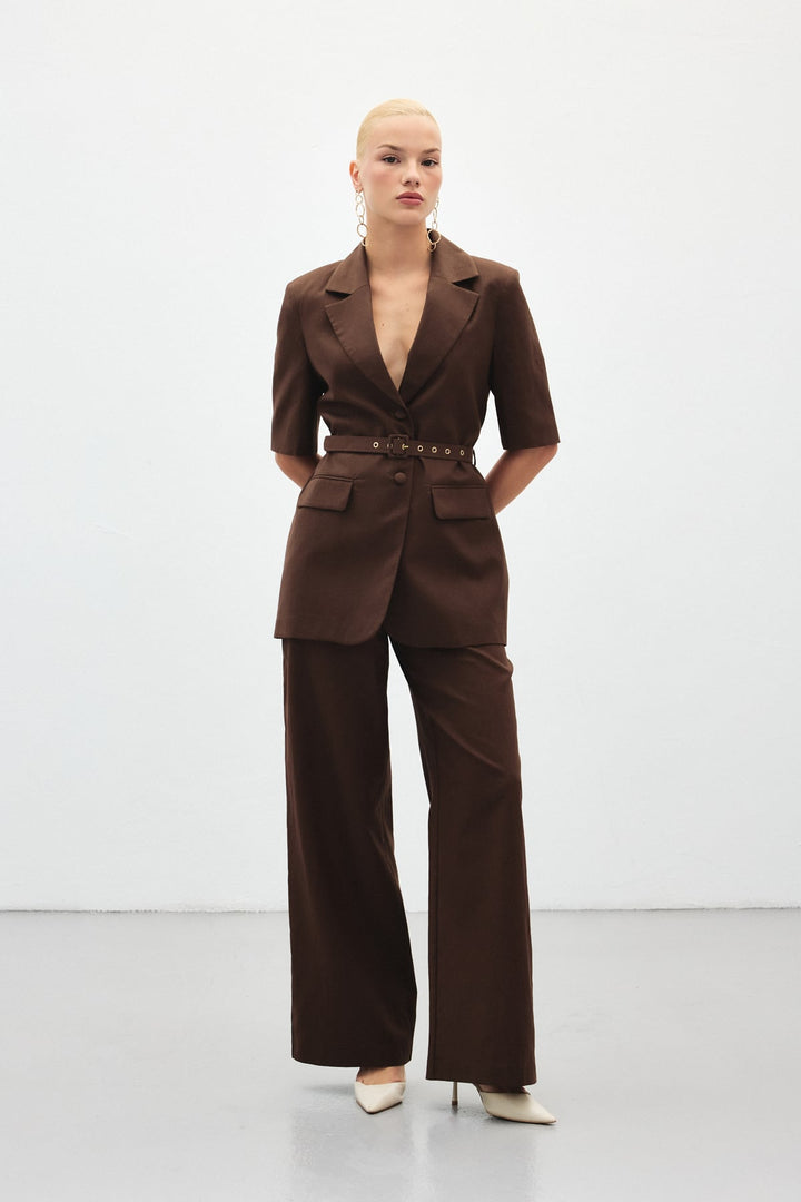 Sateen Pantalon en Lin Large - Marron