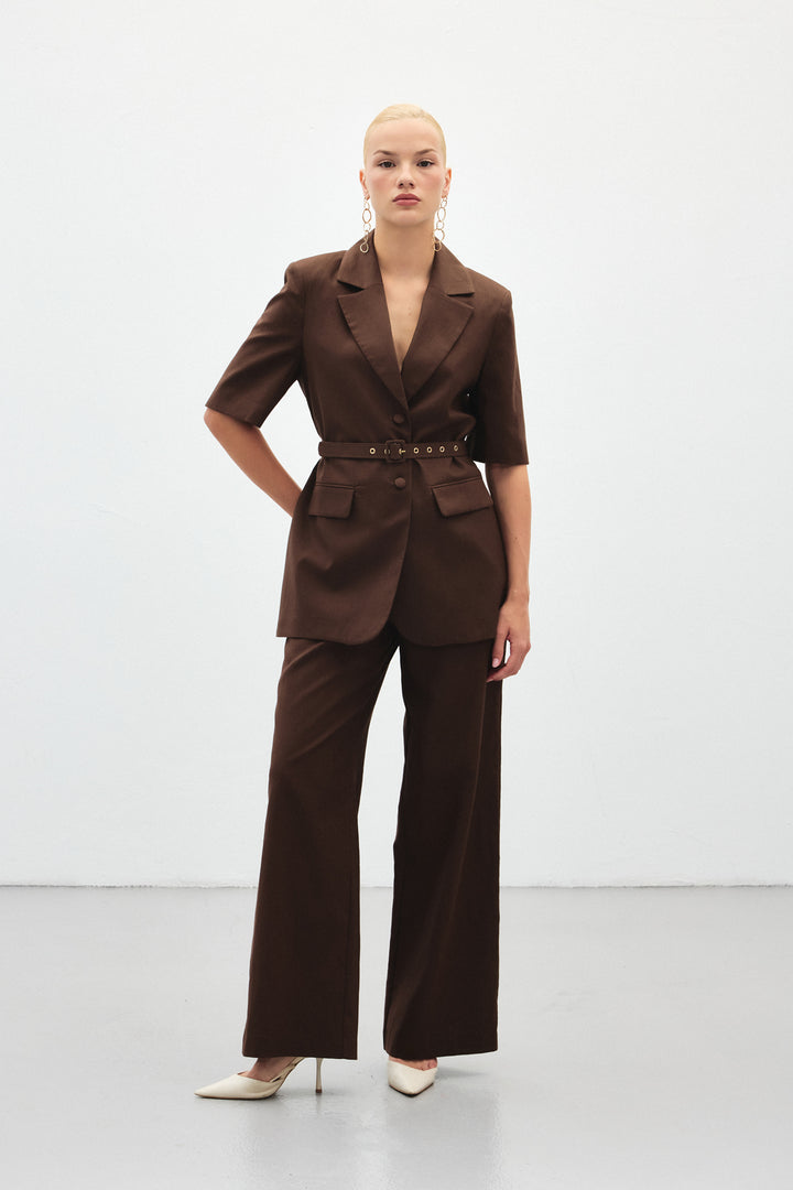 Sateen Pantalon en Lin Large - Marron