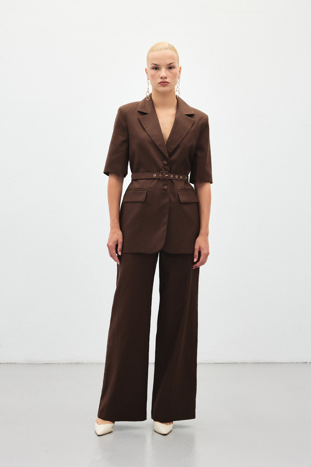 Sateen Pantalon en Lin Large - Marron