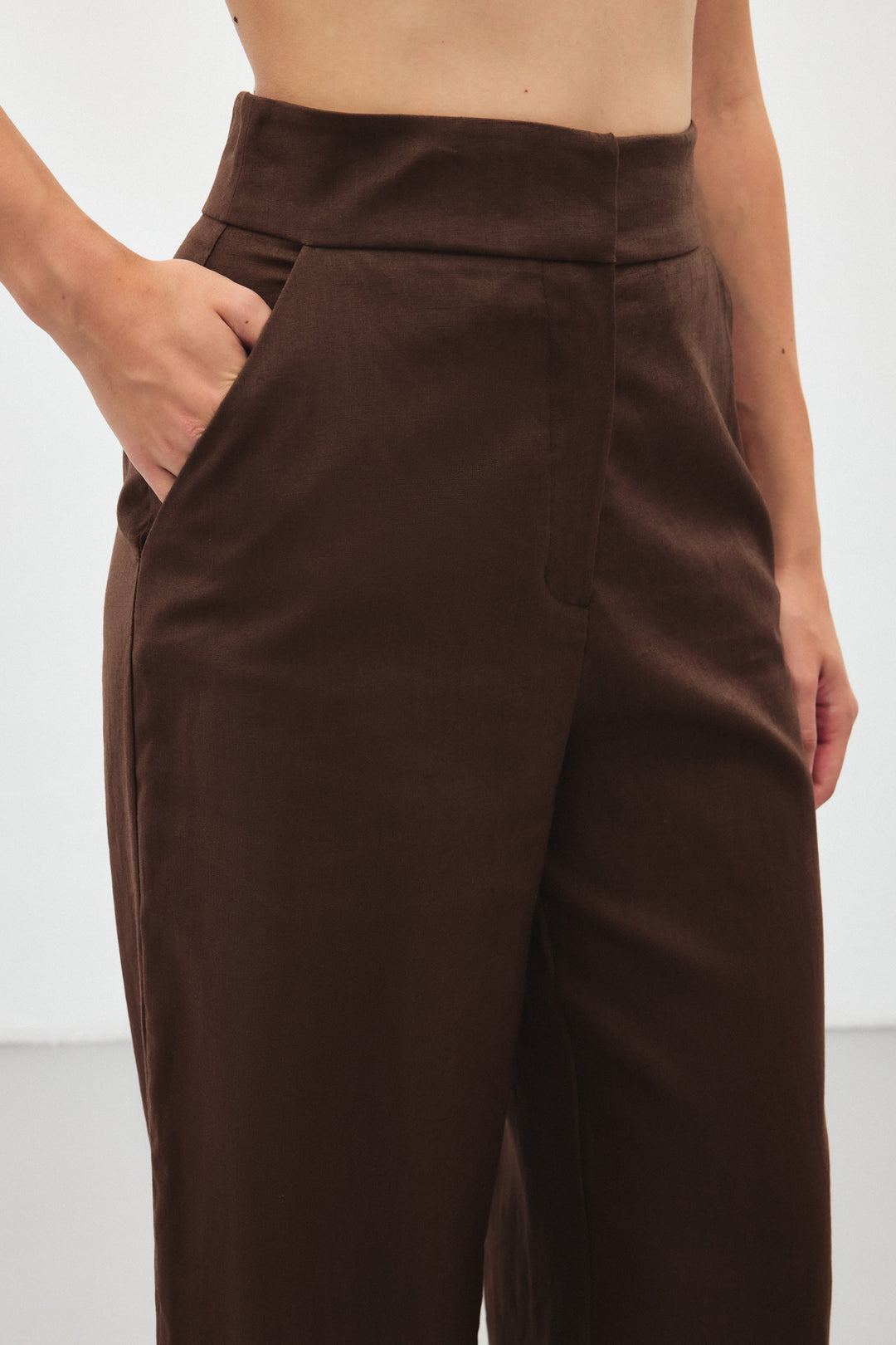 Sateen Pantalon en Lin Large - Marron