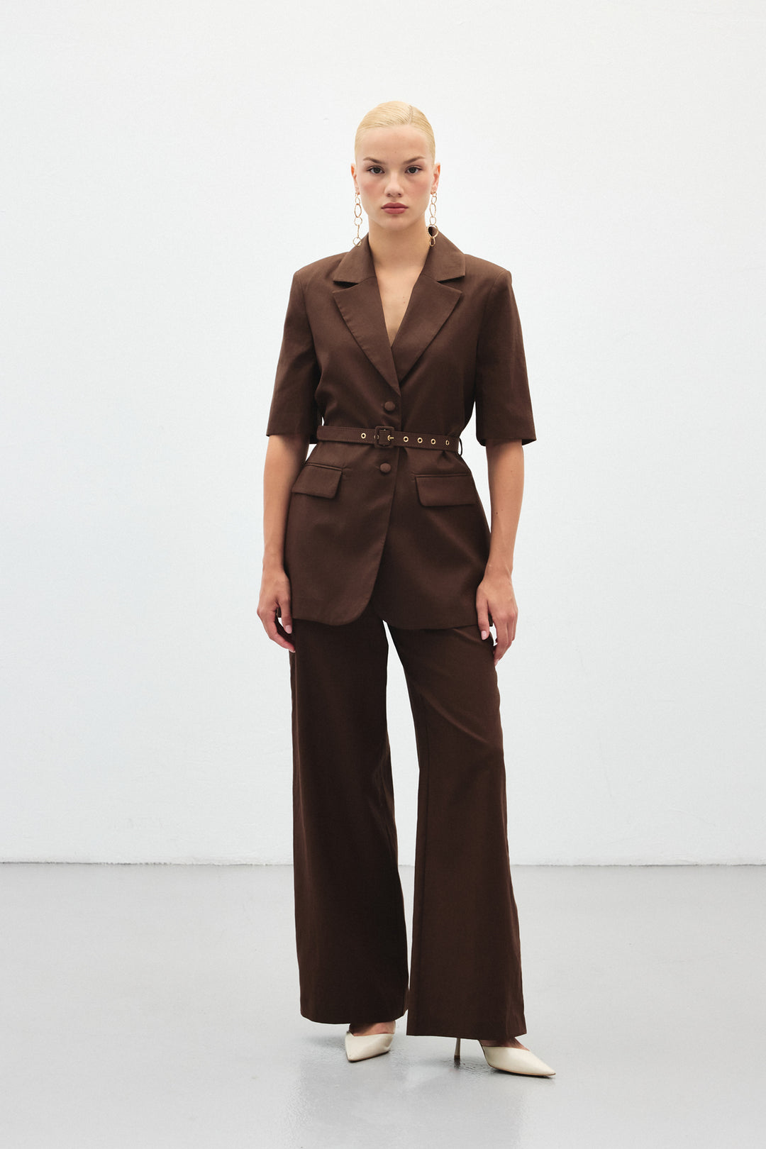 Sateen Pantalon en Lin Large - Marron