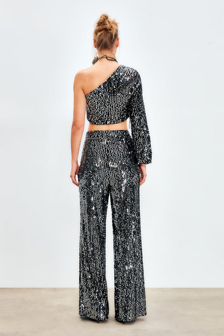 Sateen Pantalon Pailleté Large - Argent