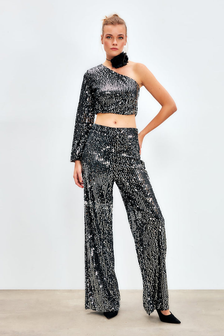 Sateen Pantalon Pailleté Large - Argent
