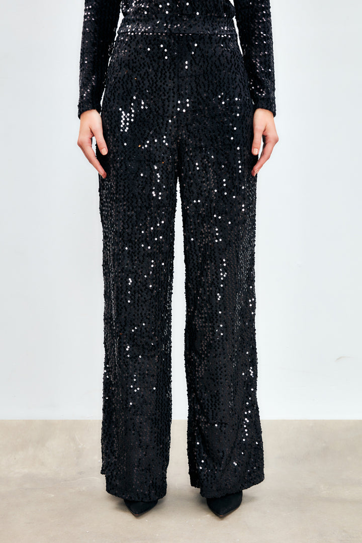 Sateen Pantalon Pailleté Large - Noir