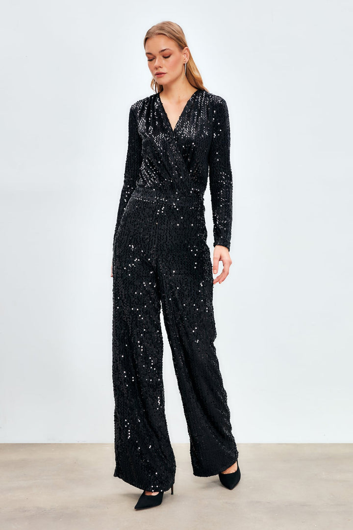 Sateen Pantalon Pailleté Large - Noir