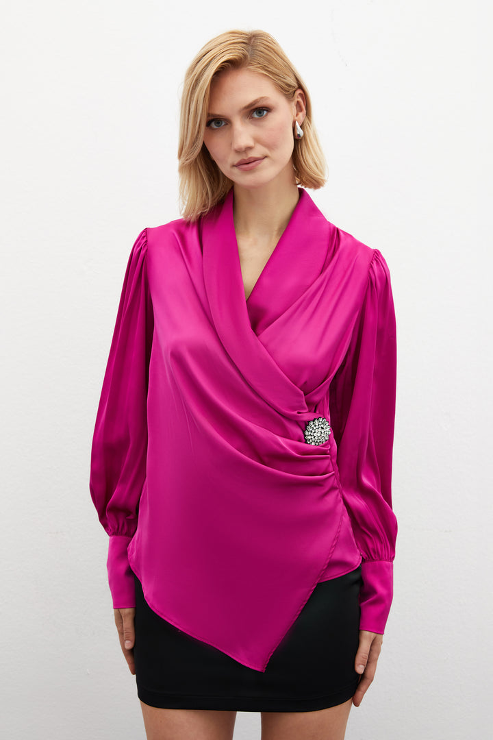 Sateen Blouse Croisée avec Broche - Fuchsia
