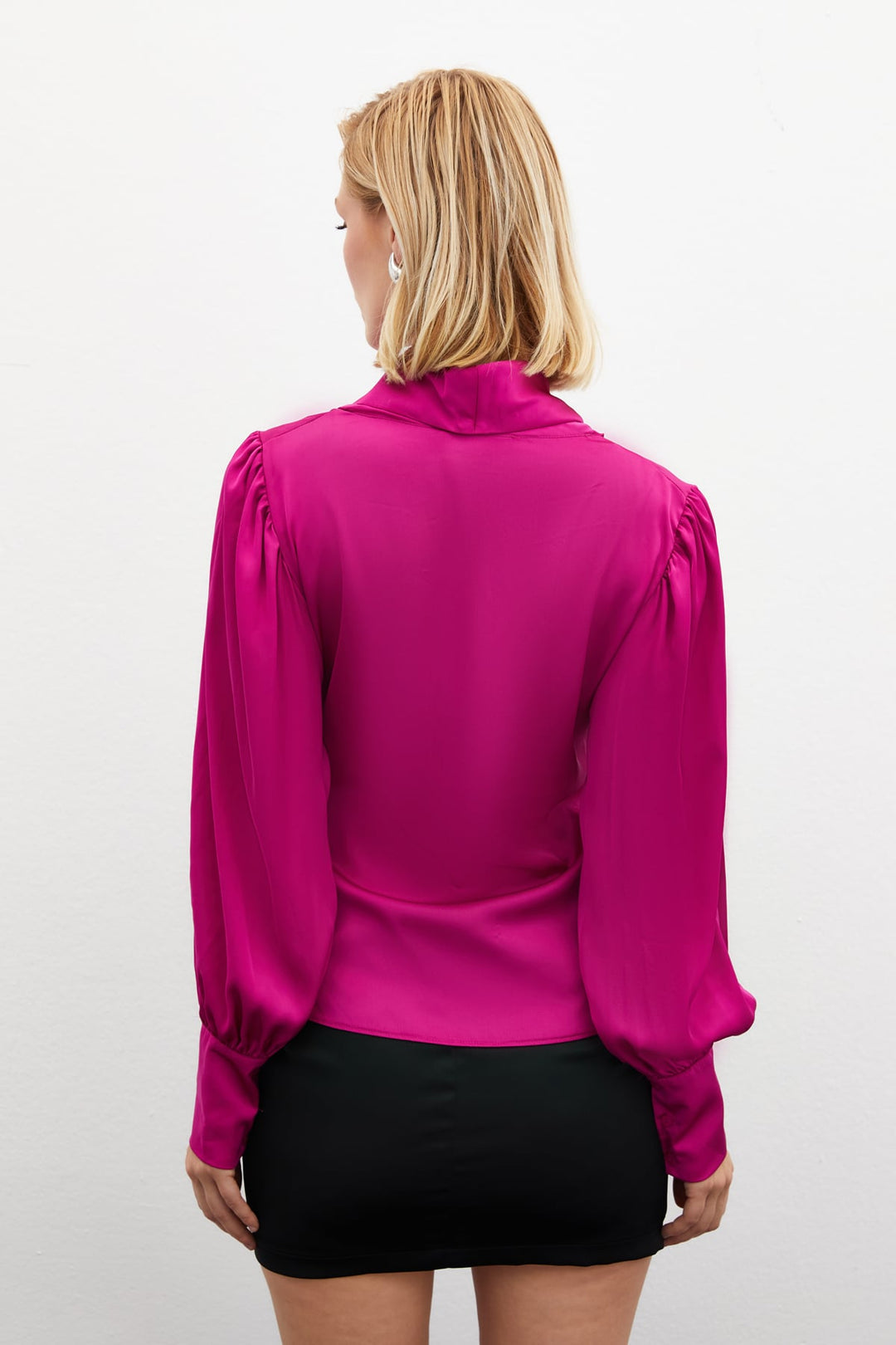 Sateen Blouse Croisée avec Broche - Fuchsia