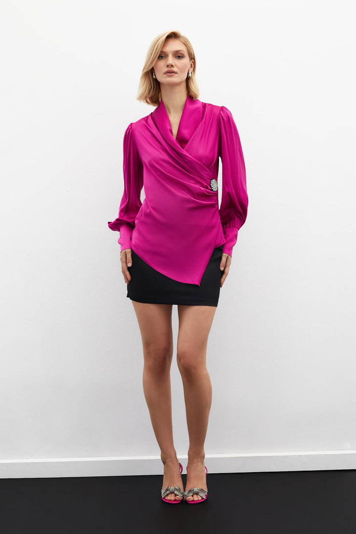 Sateen Blouse Croisée avec Broche - Fuchsia