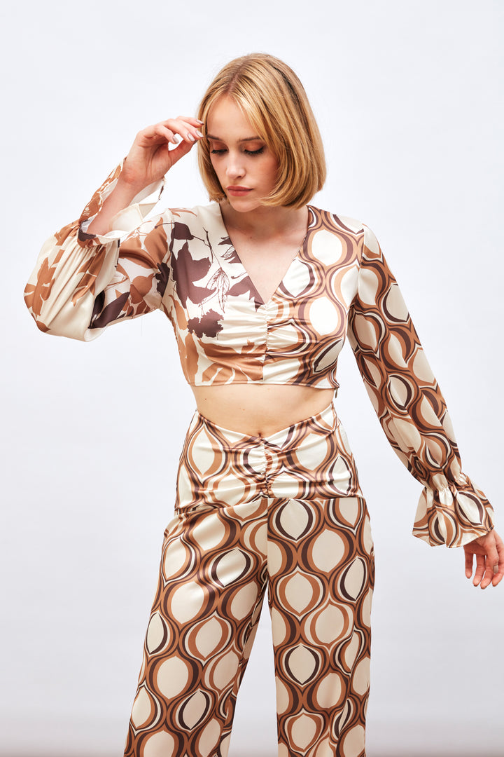 Sateen Blouse à Motifs avec Détails Froncés - camel