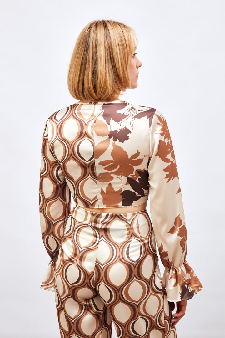 Sateen Blouse à Motifs avec Détails Froncés - camel