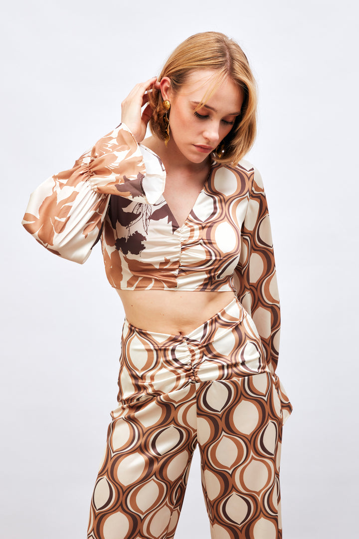 Sateen Blouse à Motifs avec Détails Froncés - camel