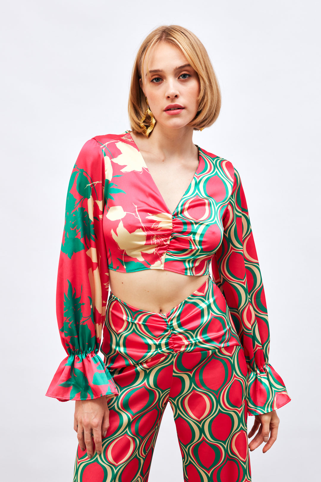 Sateen Blouse à Motifs avec Détails Froncés - Fuchsia