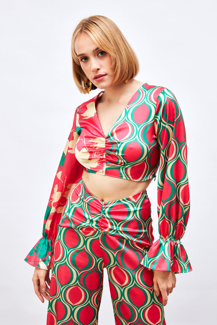 Sateen Blouse à Motifs avec Détails Froncés - Fuchsia