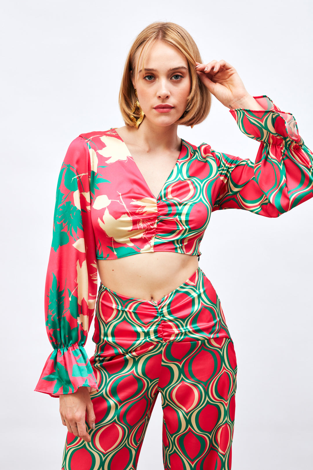 Sateen Blouse à Motifs avec Détails Froncés - Fuchsia