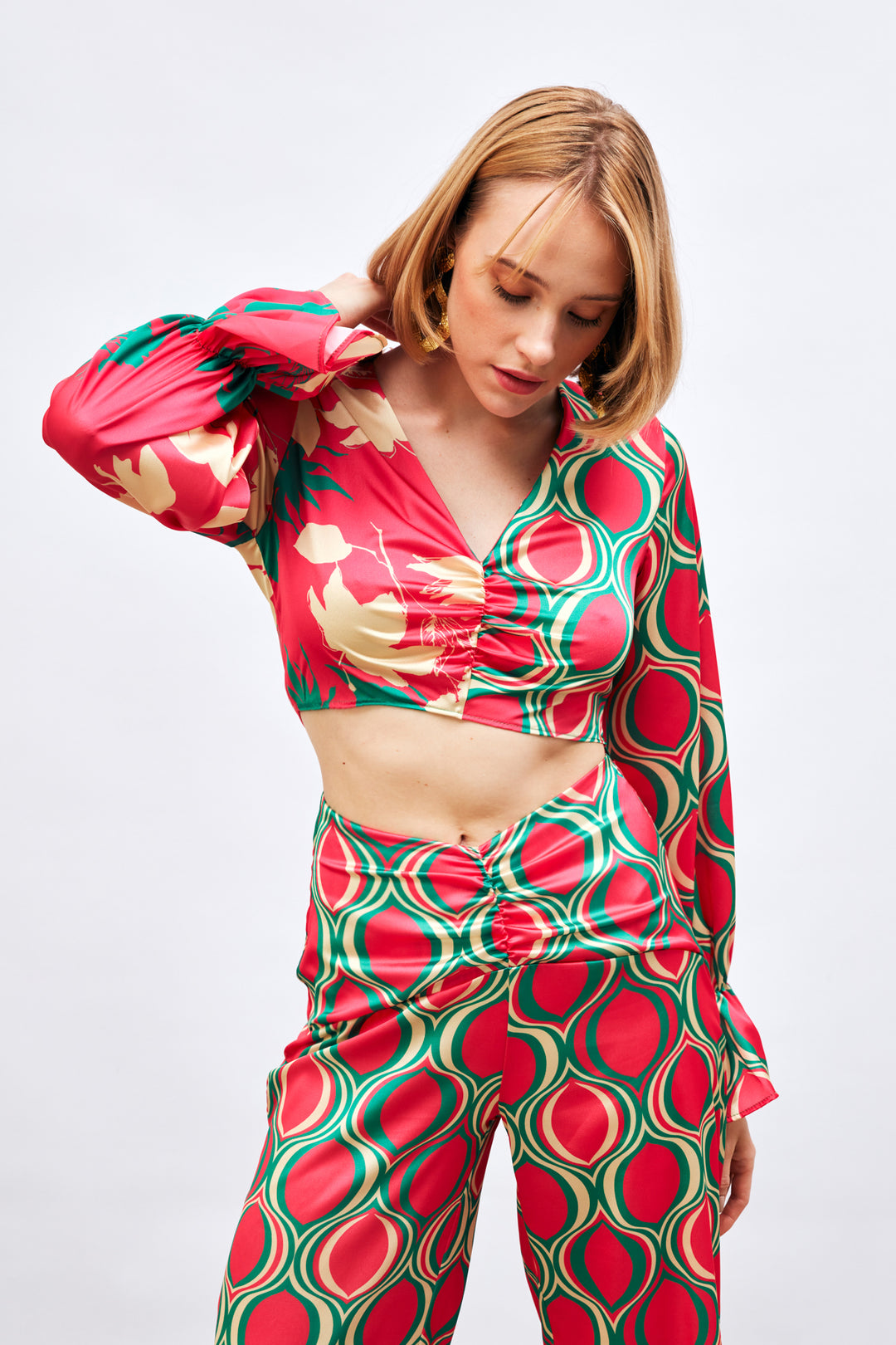 Sateen Blouse à Motifs avec Détails Froncés - Fuchsia