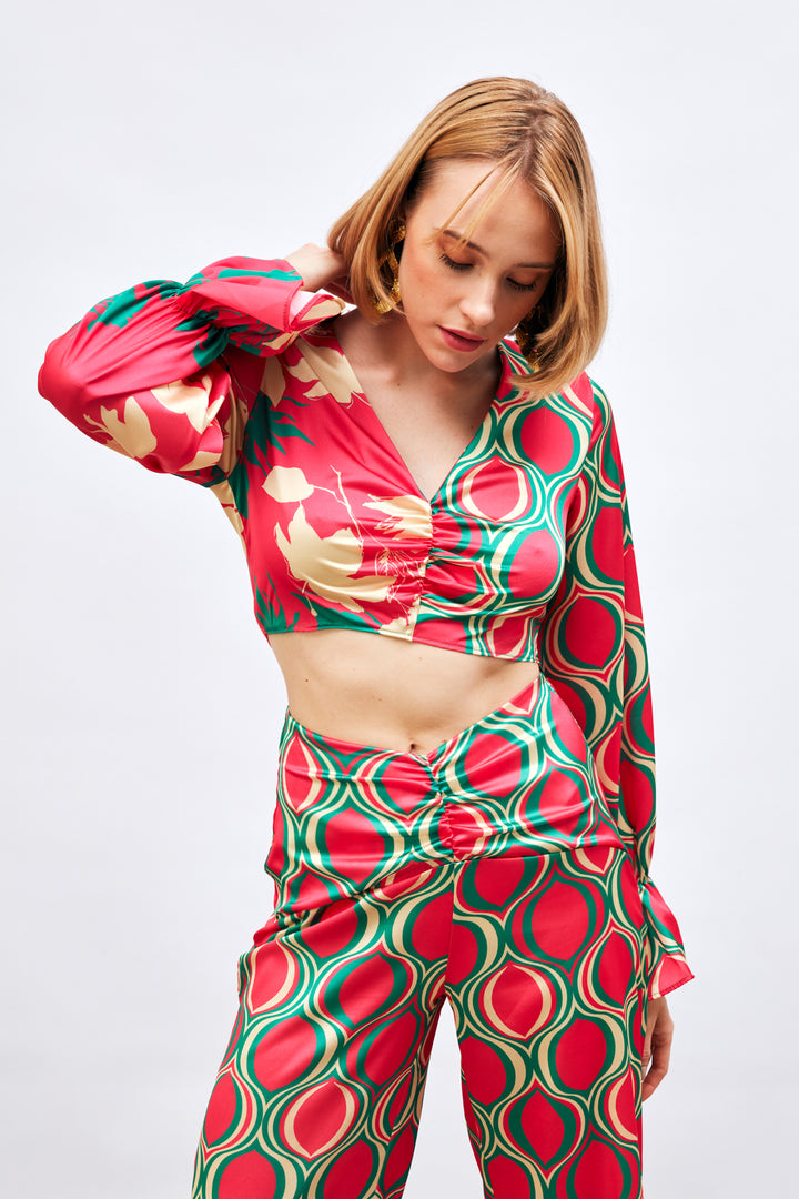 Sateen Blouse à Motifs avec Détails Froncés - Fuchsia