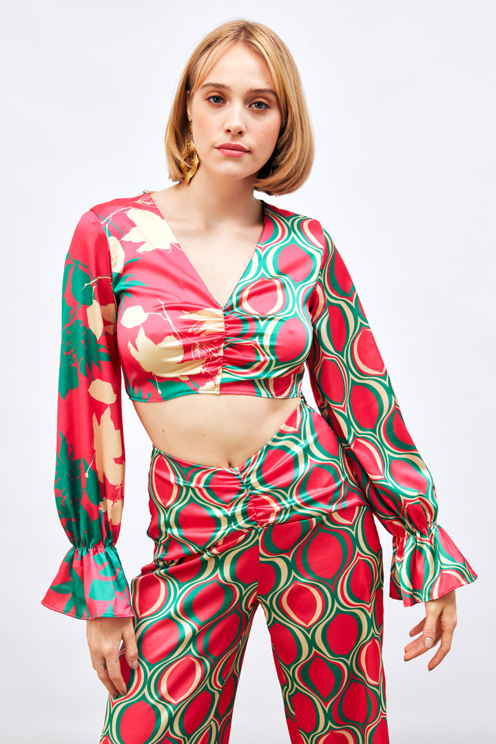 Sateen Blouse à Motifs avec Détails Froncés - Fuchsia