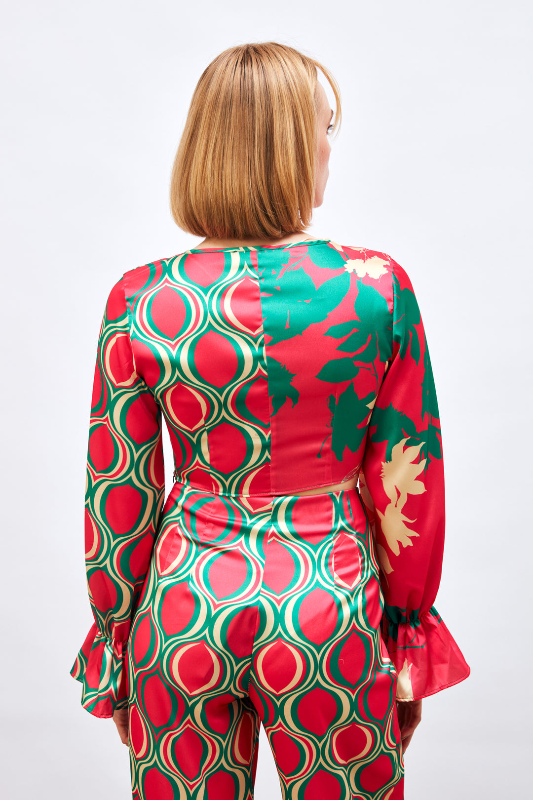 Sateen Blouse à Motifs avec Détails Froncés - Fuchsia