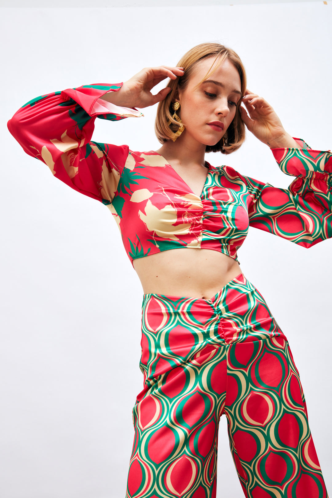 Sateen Blouse à Motifs avec Détails Froncés - Fuchsia