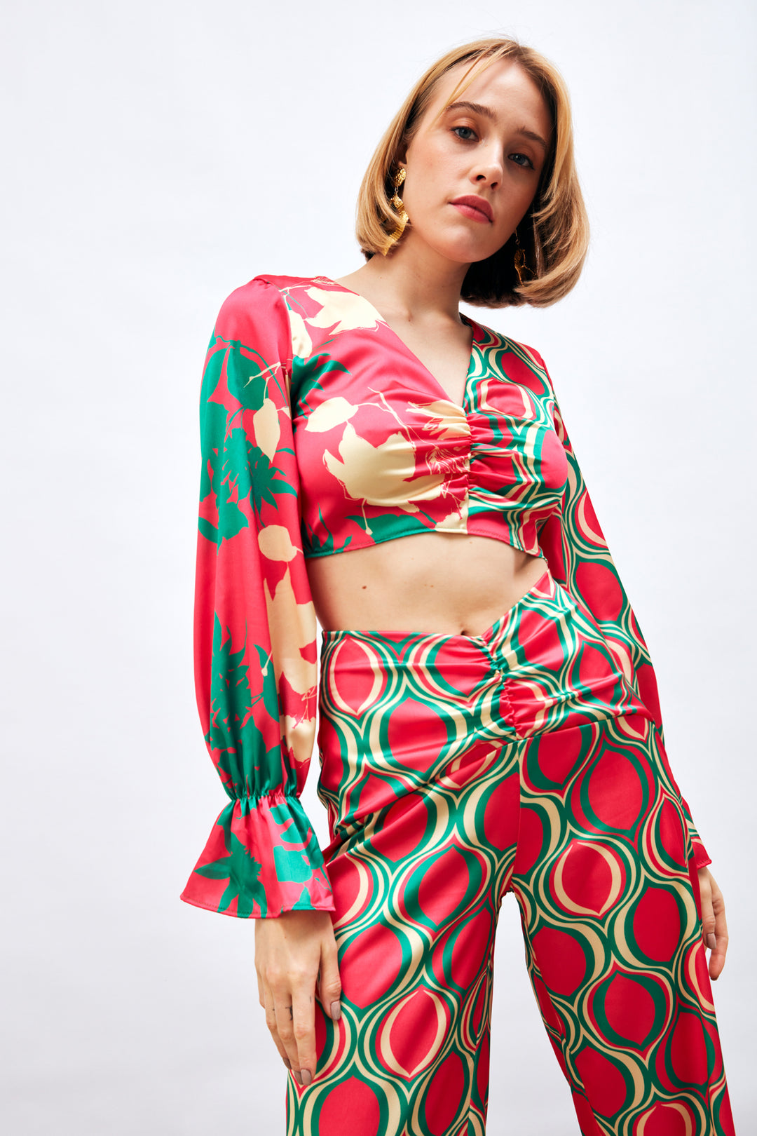 Sateen Blouse à Motifs avec Détails Froncés - Fuchsia