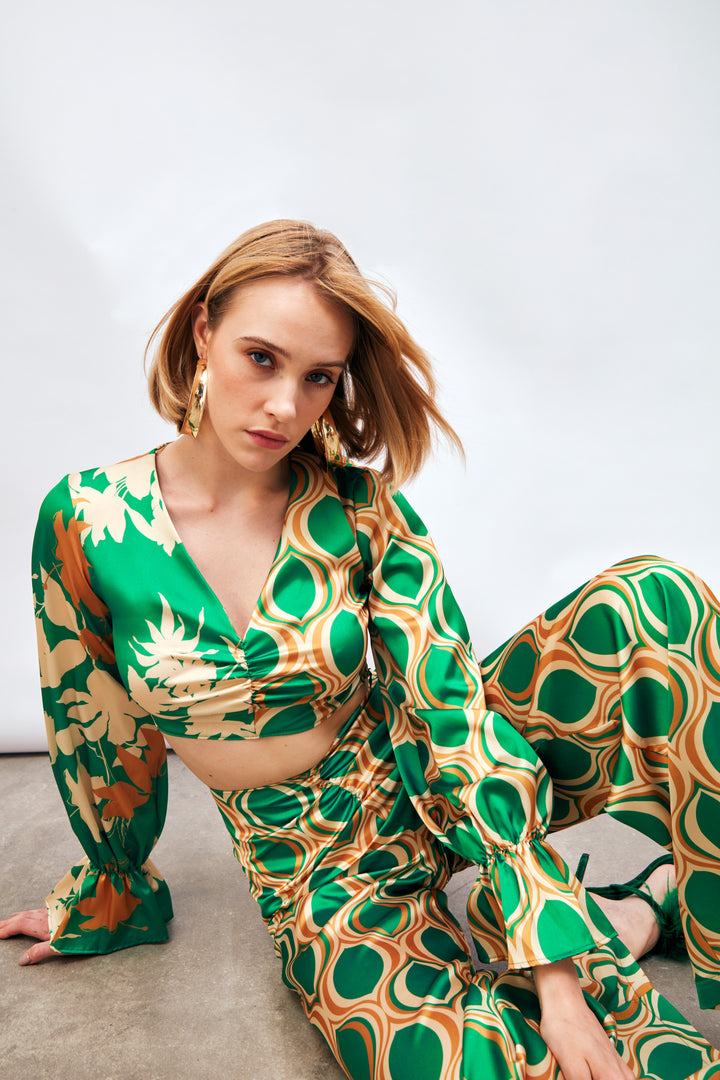 Sateen Blouse à Motifs avec Détails Froncés - Vert