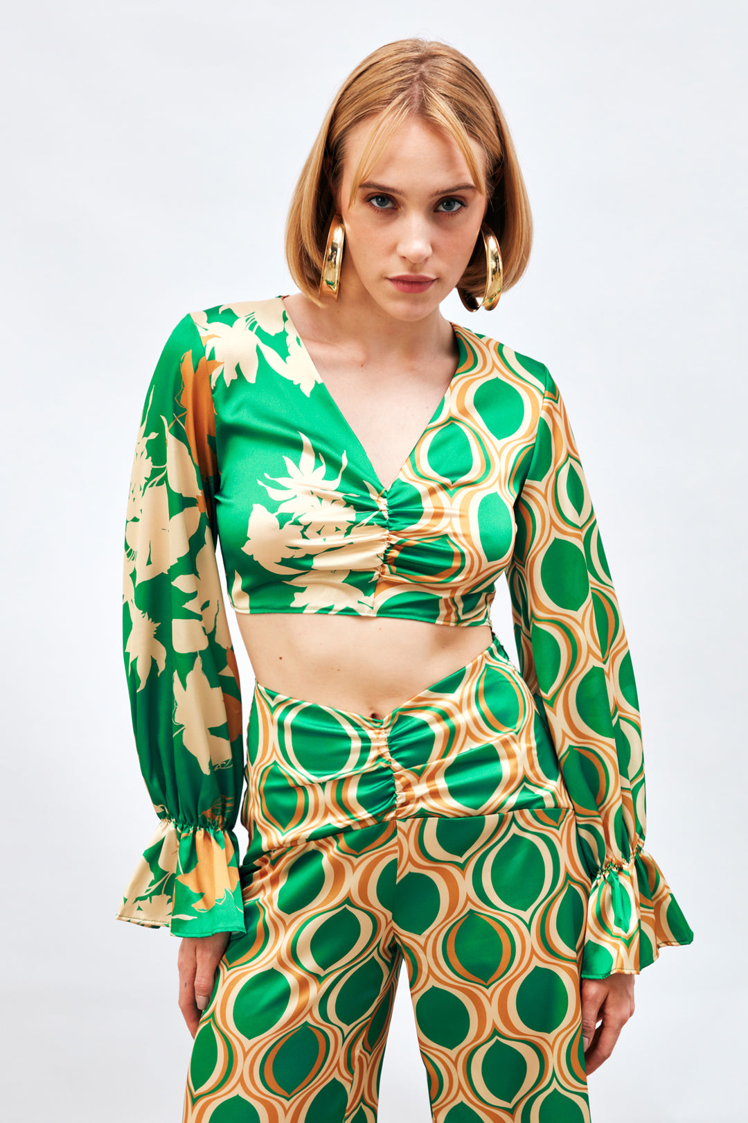 Sateen Blouse à Motifs avec Détails Froncés - Vert