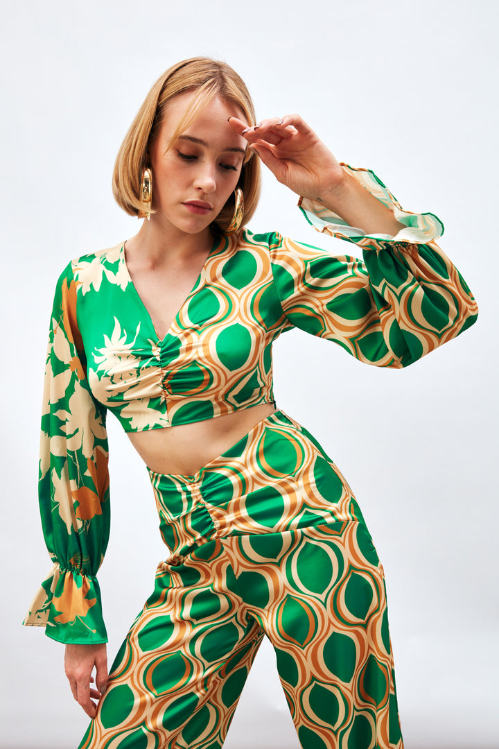 Sateen Blouse à Motifs avec Détails Froncés - Vert