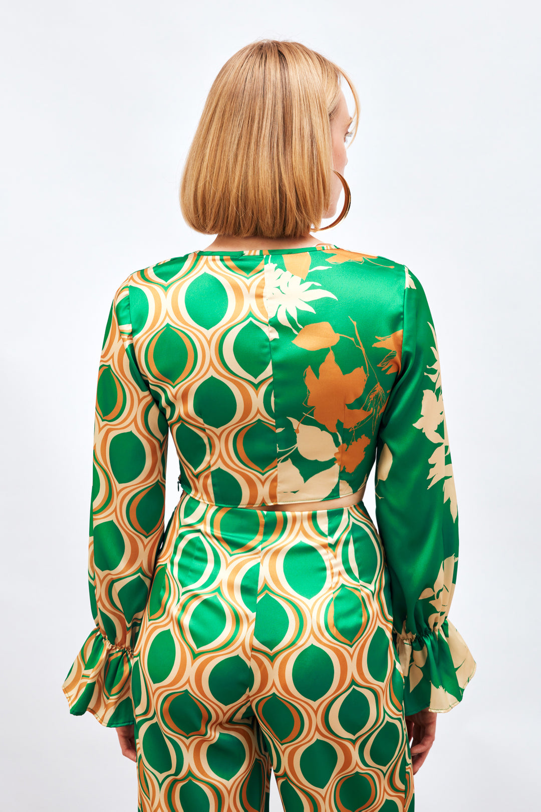Sateen Blouse à Motifs avec Détails Froncés - Vert