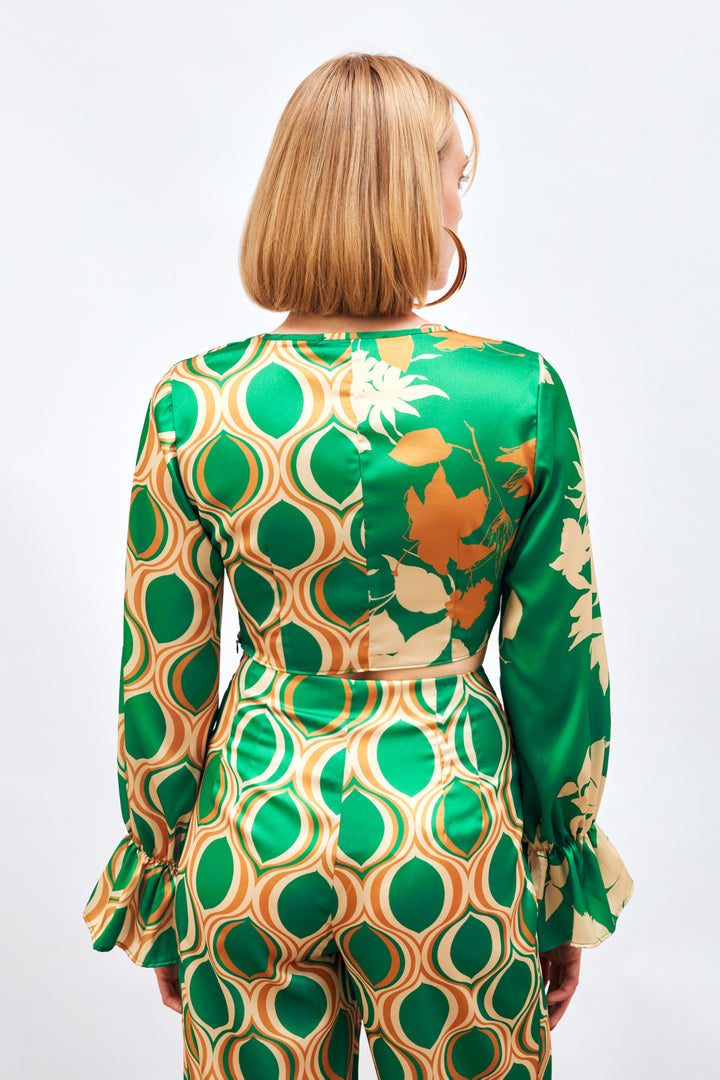 Sateen Blouse à Motifs avec Détails Froncés - Vert