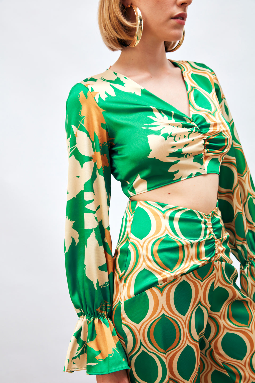 Sateen Blouse à Motifs avec Détails Froncés - Vert