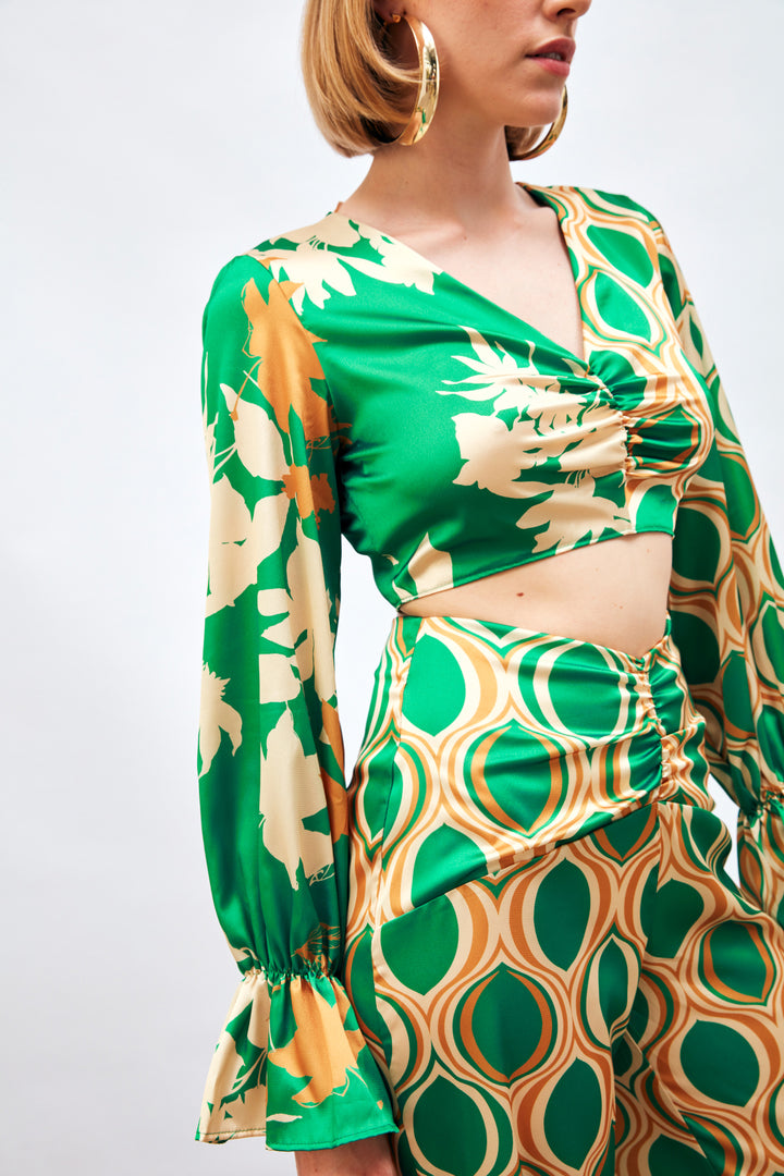 Sateen Blouse à Motifs avec Détails Froncés - Vert