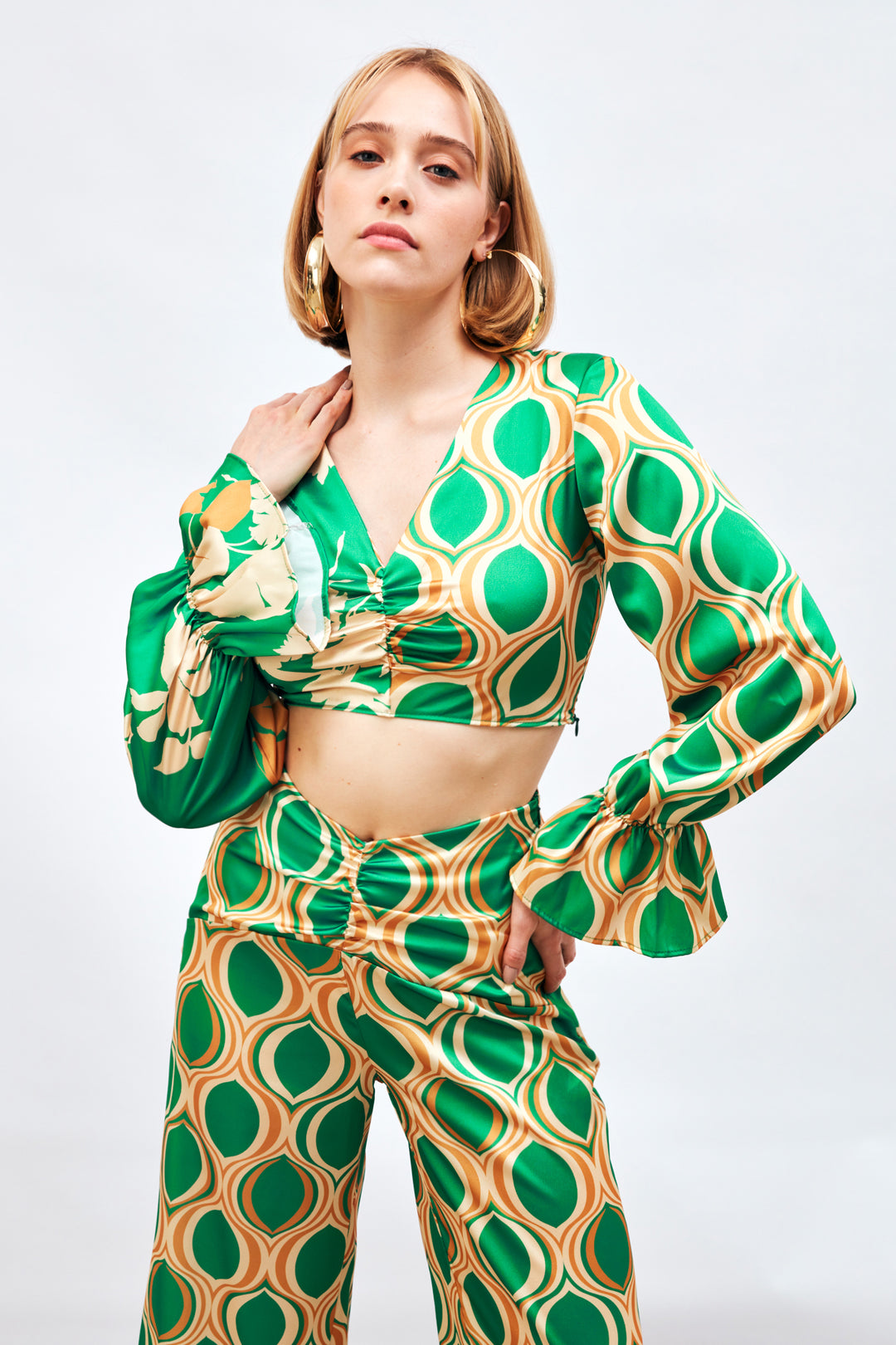 Sateen Blouse à Motifs avec Détails Froncés - Vert