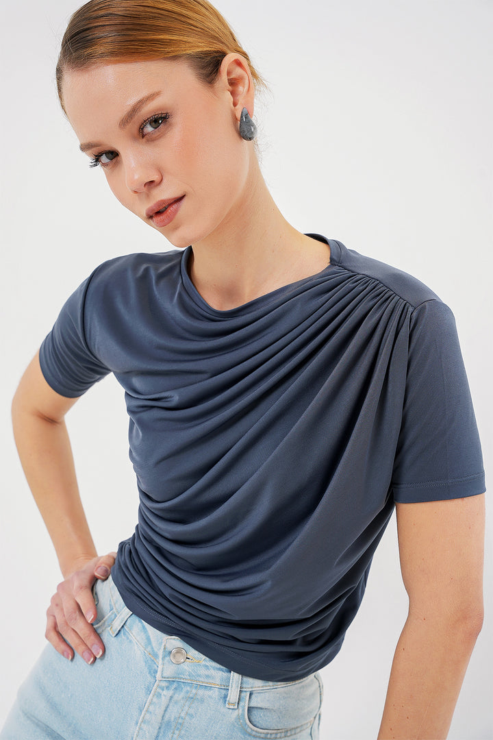 Bigdart Blouse Sandy à Manches Courtes avec Détails Froncés 945 - Anthracite