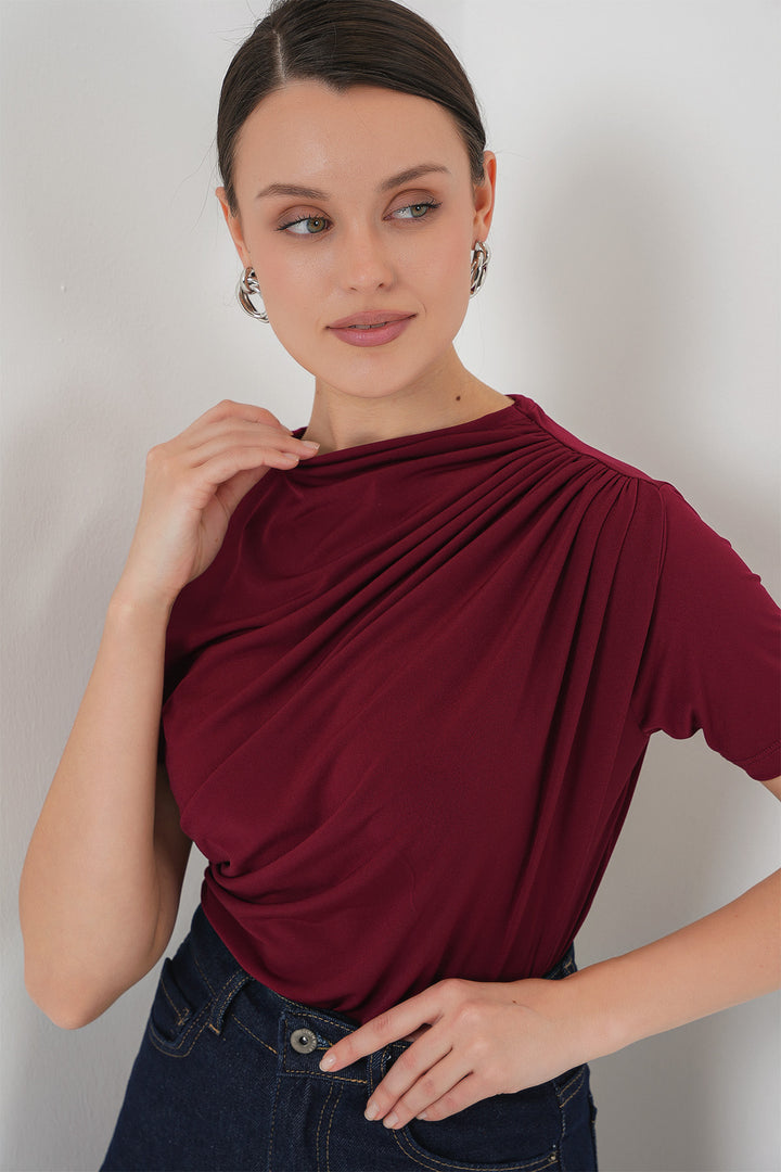 Bigdart Büzgü Detaylı Kısa Kol Sandy Bluz 945 - Bordeaux