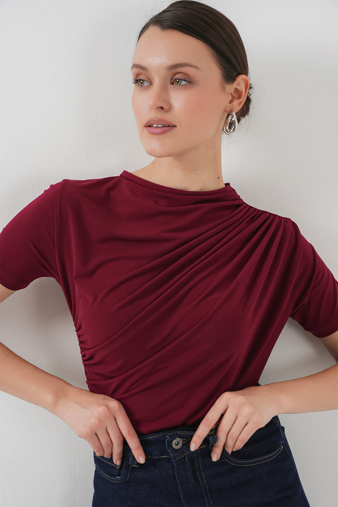 Bigdart Büzgü Detaylı Kısa Kol Sandy Bluz 945 - Bordeaux
