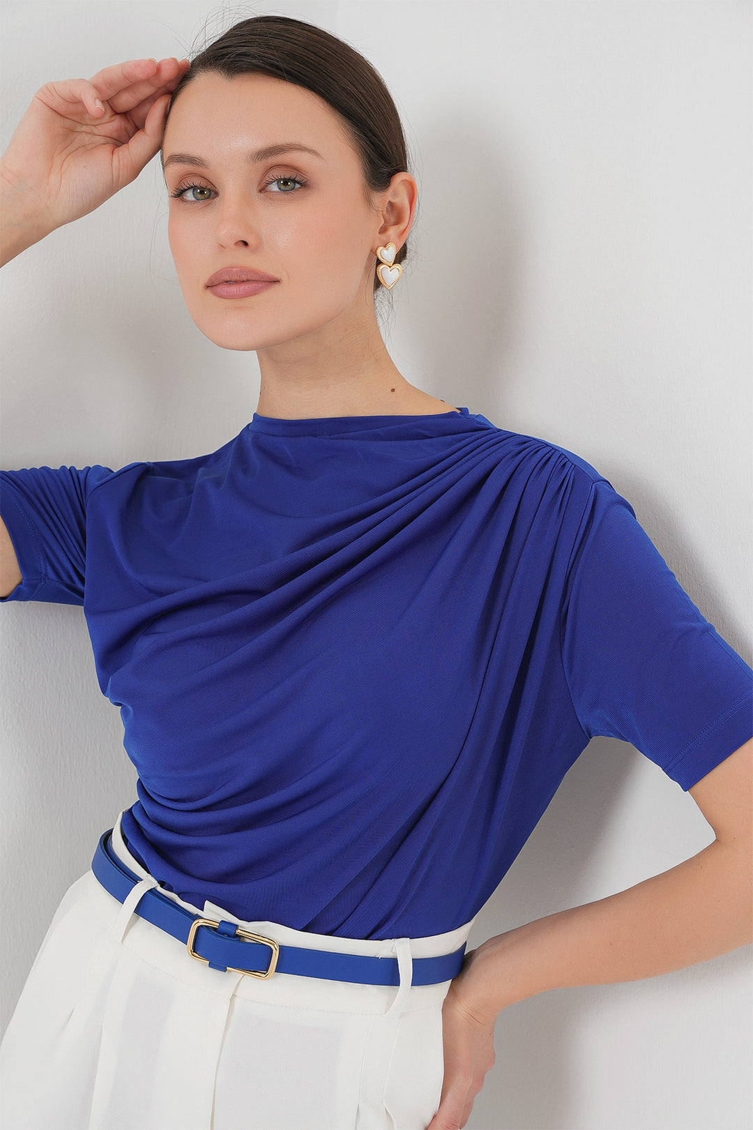 Bigdart Büzgü Detaylı Kısa Kol Sandy Bluz 945 - Bleu roi